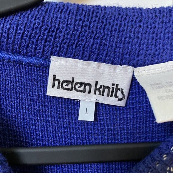 Vintage 80s Helen Knits  Greek Blue Line Drawing 3/4 Sleeve Boatneck Sweater - Picture 3 of 6